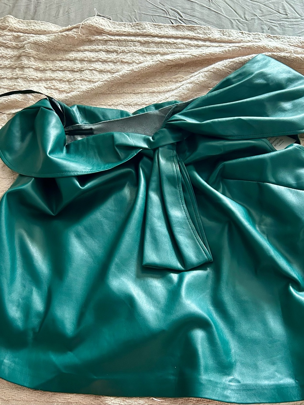Eloquii Teal Faux Leather Top with Front Tie